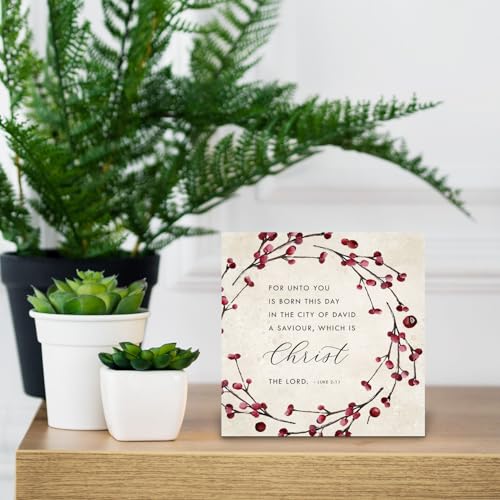 Christmas Bible Verse Luke 2:11 Wooden Box Sign, Christian Decor with Holly Berries, 5x5 Inch