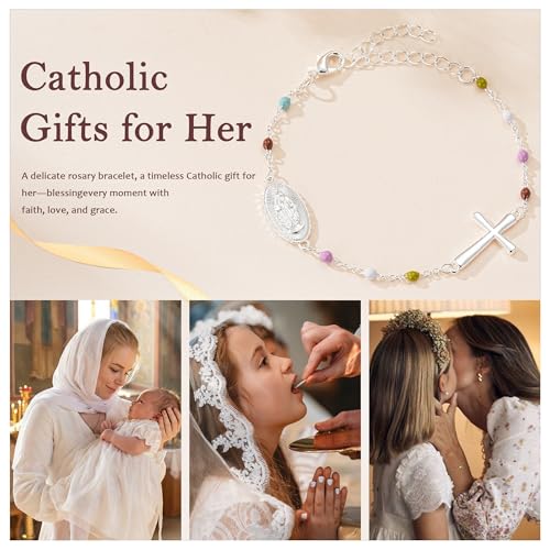 Catholic First Communion Confirmation Baptism Godmother Gifts — Virgin Mary Cross Rosary Beads Charm Bracelet, Christian Jewelry for Girls and Women - color: Gold, size: Godmother