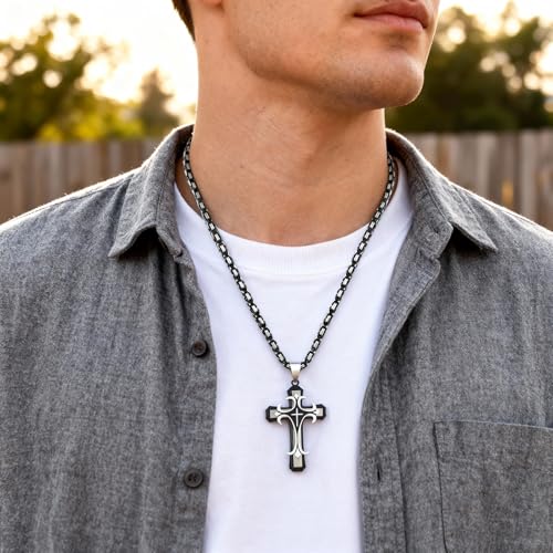 MEALGUET Stainless Steel Crucifix Cross Pendant Necklace,Men's Cross Necklace with Chunky Byzantine Chain/Rolo Chain, Gift for Men - style: Black-byzantine chain
