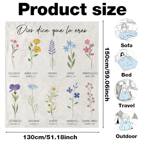 Spanish Christian Gifts for Women, Christian Throw Blanket with Flowers, Religious Flannel Blanket, Inspirational Faith Prayer Gift for Sister, Daughter, Mom, Soft Throw Blankets 50'' x 60'' - color: Multi-spanish Christian