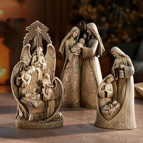 Avalon Gallery Christmas Figurines - Carved Wood Look Joseph Mary and Jesus Tabletop Nativity Figurine, 10-Inch, Holy Family