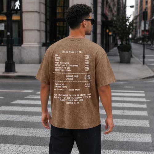 Christian Faith God Shirts for Men Jesus Bible Verse Acid Wash Shirt Oversized Religious Tshirts Vintage Graphic Tees - color: Coffee, size: XX-Large