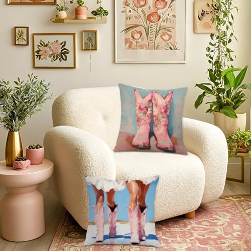 Pink Coastal Cowgirl Boot Throw Pillow Covers 18x18 Set of 2 - color: Colour -CC