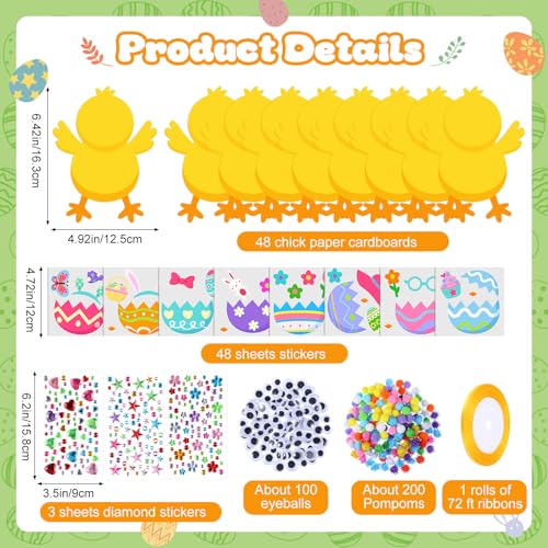 Funrous 48 Sets Crafts Kit Paper Crafts DIY Make Your Own Hanging Ornaments with Pompoms Diamond Stickers for Holiday Classroom Activities Party Favors, Easter Chick - style: Easter Chick