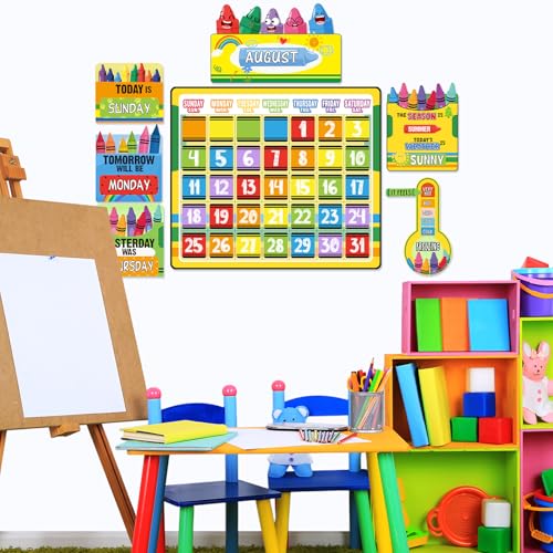 Cholemy 85 Pcs Calendar Bulletin Board Set Classroom Calendar Bulletin Board with Numbers Month Weather Classroom Decorations for Back to School Wall Chalkboard Decor Supplies(Crayon) - style: Crayon