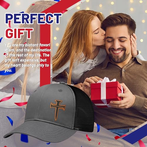 3D Embroidered Christian Hat for Men & Women, Jesus Faith Cross Hat, Religious Gifts for Christians Clothes - color: Leather - Grey