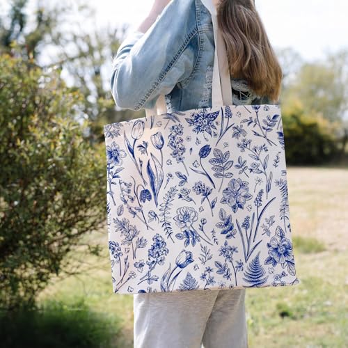 Christian-Flowers-Inspirational Motivational Gifts Canvas Tote Bag for Women,Reusable Shopping Grocery Bags - color: Floral-blue and White
