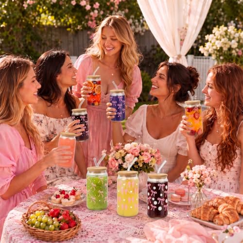 Iced Coffee Mugs, 8 Sets, Glass, 16 oz, Reusable, Pink Bow - color: Pink Bow