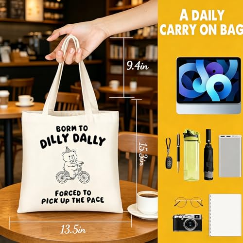 DHQH Canvas Aesthetic Tote Bag with Makeup Bag, Cute Bear Reusable Grocery Beach Shopping Shoulder Tote Bags for Women - style: Dially Dally Bag