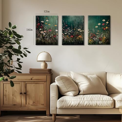 CXQILVER Vintage Wildflower Canvas Wall Art Set of 3, Moody Dark Green Botanical Floral Wall Decor Rustic Farmhouse Flower Landscape Posters Prints Pictures for Living Room Bedroom 12x16 Inch Framed - color: Green flowers, size: 16"L x 12"W