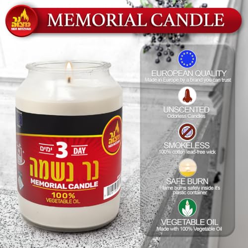Ner Mitzvah 3 Day Yahrzeit Candle - 3 Pack Kosher White Yahrzeit Memorial Candles - Yom Kippur and Holiday Candles in Glass Jar - 100% Vegetable Oil Wax Prayer Candle