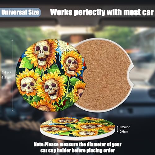 Sunflower Skull Cup Holders Car Coasters - Halloween Absorbent Ceramic Coaster, Drink Cup Holder Coasters, Auto Accessories for Women & Men, Pack of 2 - color: Sunflower Skull
