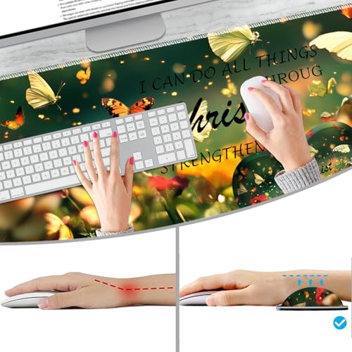Extended Non-Slip Mouse Pad + Mouse Wrist Rest + Lace-Shaped Coaster Set, Ergonomic Design, Suitable for Desk and Home Gaming Table Mat, Butterflies and Philippians 4-13 - color: Butterflies and Philippians 4-13