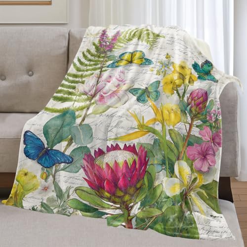 Tropical Flower and Butterfly Flannel Blanket Gifts for Nature Lover,50x40inch,Colorful Botanical Garden Throw Blankets with Script Background,for Bedroom,Living Room,Camping Home Decor Throws - color: Floral 01, size: 50x40 Inch