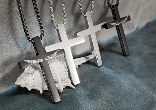 Cross Necklace Stainless Steel Necklace Religious Bible Verse Pendant Crucifix Necklace Faith Jewelry with 22' Chain - style: PH4:13 WINGS BLACK