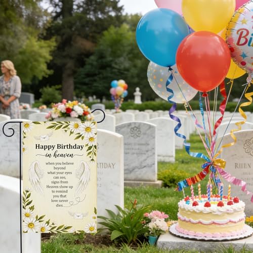 Takealook Happy Cemetery Decorations for Grave, Happy Birthday in Heaven Garden Flag for Outdoor Decoration, Cemetery Funeral Memorial Banner for Farmhouse Decor Supplies - color: Brown