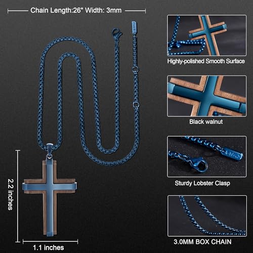 Wooden Cross Necklace for Men With Stainless steel And Black Ebony Adjustable Box Chain 24–26 inches Suitable for Everyday Wear And Christian Gifts for Men - color: Blue