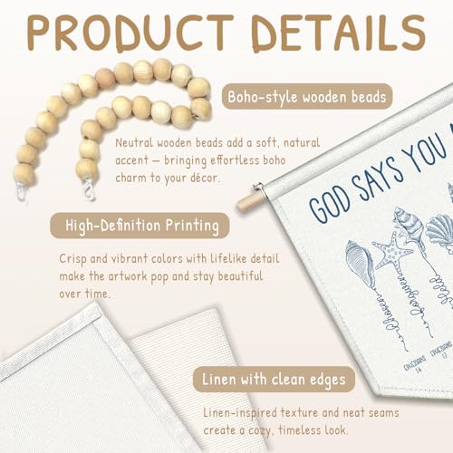 LIANGW Christian Seashell Wall Art Decor, Coastal Bible Verse Canvas Banner, Boho Wood Beads God Says You Are Wall Art Decor Hanging Pennant Flag for Living Room Home Office Bedroom Dorm,13x11 - color: 02- Christian Seashell (Blue 02)