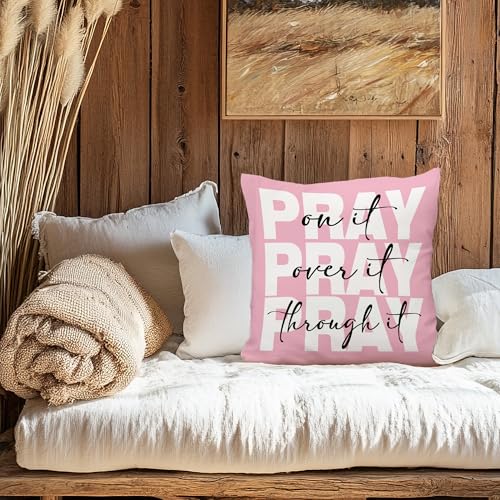 Pink Christian Pray Decorative Throw Pillow Covers, Bible Verse Scripture Pillows Covers, Pray on It Over It Through It Pillow Cases Decor for Girly Prayer Room Dorm Couch Bedroom 18x18in - color: Pink