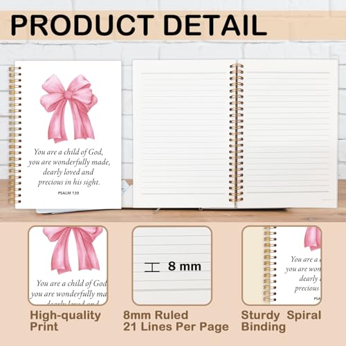 Pink Bible Bow Notebook for Women,Christian Gifts,Prayer Journal,Spiral Bible Jesus Notebook,Scripture Notebook for Church Notes,Christian Gifts for Friend Teens,A5 Spiral Hardcover 5.5x8.3 - color: Pink Bible Bow