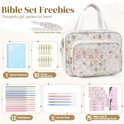 Bible Cover Case for Women Large Bible Bag Tote Study Supplies Journaling Kit Book Carrying Case with Highlighters Christian Gifts for Women Mom Friends - color: Z-large Patchwork Flowers, size: Upgraded Set