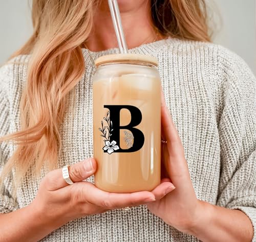 Monogrammed Initial Glass Cup Personalized Gifts for Women 16oz Initial Letter Glass Cups w/Lids Straws Birthday Valentine Mothers Day Gift for Her,B - color: Letter Cup-B
