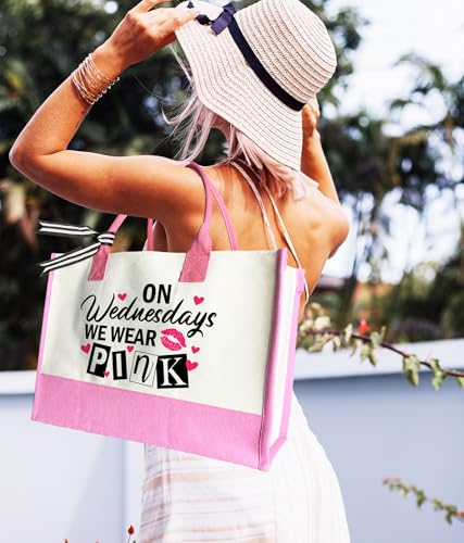 Aesthetic Canvas Tote Bag for Women Girls, Large Tote Bag for Friends Colleagues Leader Manager, 17 x 11.8 x 7 inches - color: Pink