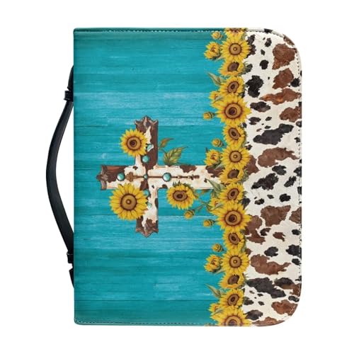 Blue Wood Grain Cross Bible Covers Case, Sunflowers Cow Print Women Girls Bible Cover Church Bag with Top Handle Protective Bible Carrying Case PU Leather Bag - color: Blue Wood Grain Cross - Sunflowers Cow, size: 2X-Large