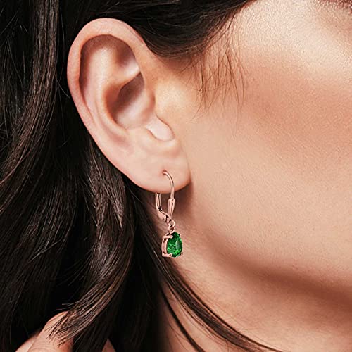 Teardrop Bridal Dangling Leverback Earrings Pear Cubic Zirconia 925 Sterling Silver - color: Rose Tone, Simulated Green Emerald CZ