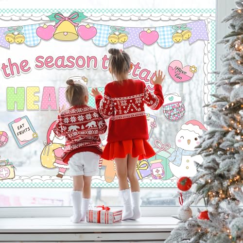 Christmas Health Bulletin Board Decorations Set Xmas Pastel Healthy Habits Poster Christmas Tree Snowman Santa Cutouts for Classroom School Home Chalkboard Wall Winter Holiday Party Decor Supplies - style: Health