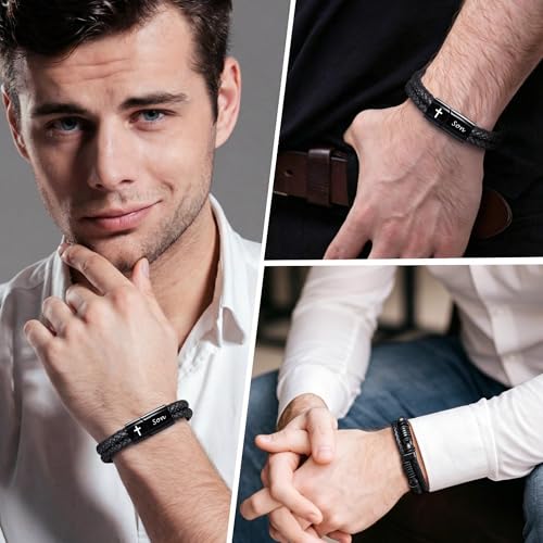 Christian Gifts for Mens Jewelry Black Double Layer Leather Cross Bible Verse Bracelets for Men, Teen Boys Religious Baptism Confirmation Gifts for Son Grandson Brother Teenages Gift Ideas - color: Son from Mom(9 Inch)