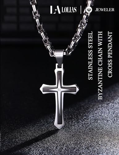 LOLIAS Black 14K Gold Plated 𝐂𝐫𝐨𝐬𝐬 𝐍𝐞𝐜𝐤𝐥𝐚𝐜𝐞 for Men Stainless Steel 𝐁𝐲𝐳𝐚𝐧𝐭𝐢𝐧𝐞 Chain With Cross Pendant Necklace 𝐌𝐞𝐧𝐬 𝐆𝐢𝐟𝐭 22-30Inch - color: Black plated necklace with pendant, size: 24IN