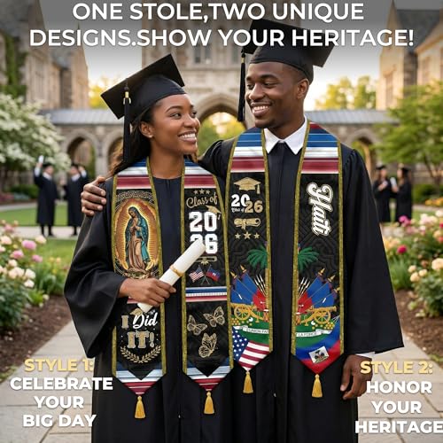 Graduation Stole Class of 2026 Reversible Sash with Gold Glitter Trim and Tassels V-Neck 72 Inch Satin - color: Haiti & America