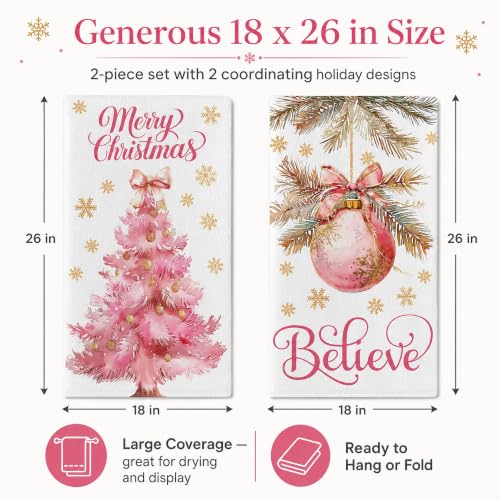 Pink Christmas Kitchen Towels Set of 2, Watercolor Merry Christmas
