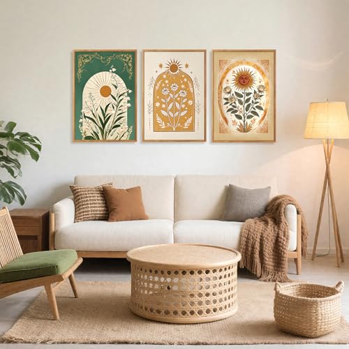 CHDITB Bohemian Sun Floral Framed Canvas Wall Art Set, Mystical Nature Wall Decor, Celestial Sun Art Prints, Vintage India Posters for Wall Modern Art Sunroom Living Room Office Art Prints 24"x36"x3 - color: Boho Flower, size: 24"L x 36"W