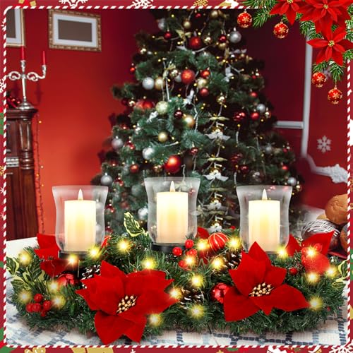 Sliner Christmas Candle Holder Centerpiece, 3 Glass Poinsettia LED,Classic