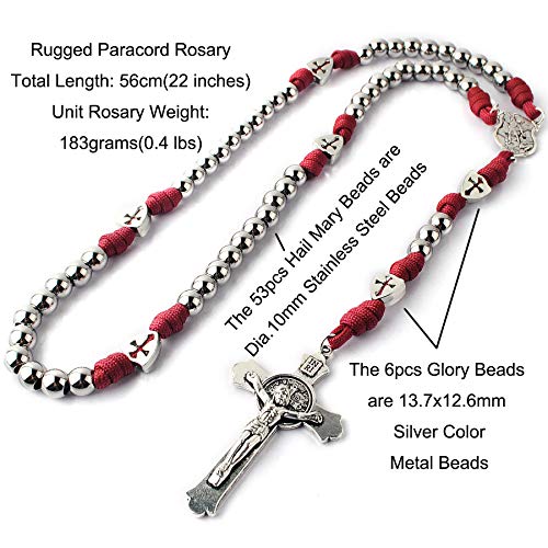 HanlinCC Catholic Stainless Steel Paracord Rosary St.Michael Medal for Men - color: Burgundy Paracord Rosary