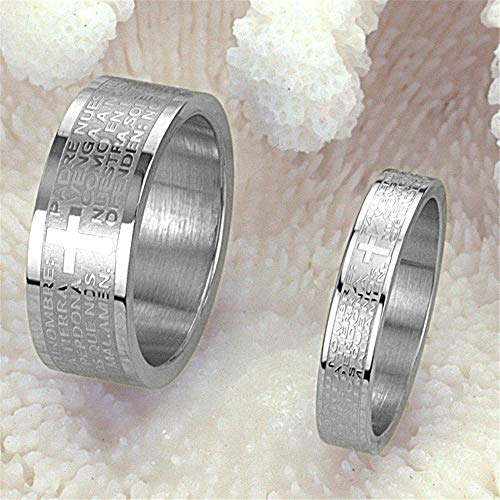Fashion Month Mens Womens Stainless Steel Vintage Silver Couple Ring Spanish Bible Lords Prayer Cross White Gold Band