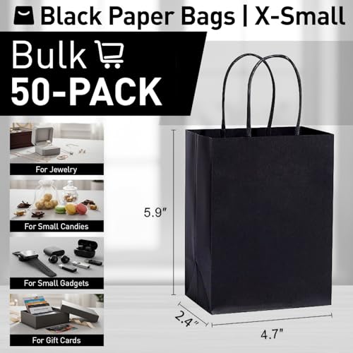 SUNCOLOR 50-Pack Mini Paper Gift Bags, 5.9 x 4.7 x 2.4 Inch Black Handle Party Favor Bags for Birthday, Halloween, Wedding - color: Black(Pack of 50)