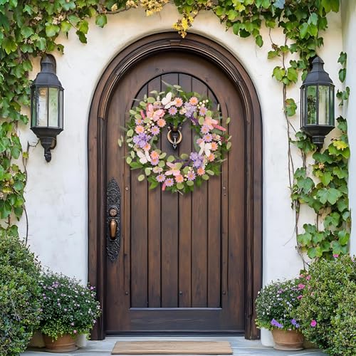22 Inch Spring Summer Floral Wreath, Pink Purple Daisy Wreath with Butterflies and Eucalyptus Leaves, Front Door Farmhouse Decor for Indoor Outdoor All Seasons - color: A