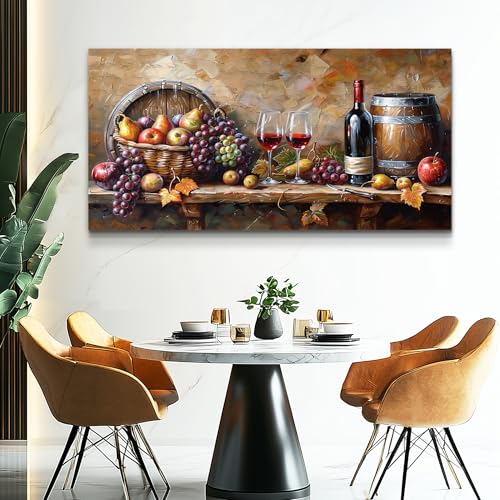 XIGUANGART Kitchen Wall Art Grape Barrel Painting Red Wine Glass Fruit Artwork Prints for Dinning Room Bar Canvas Wall Decor for Living Room Food Still Life Abstract Picture Home Decoration 20x40IN - color: Wine Glass Wall Art, size: 40"L x 20"W