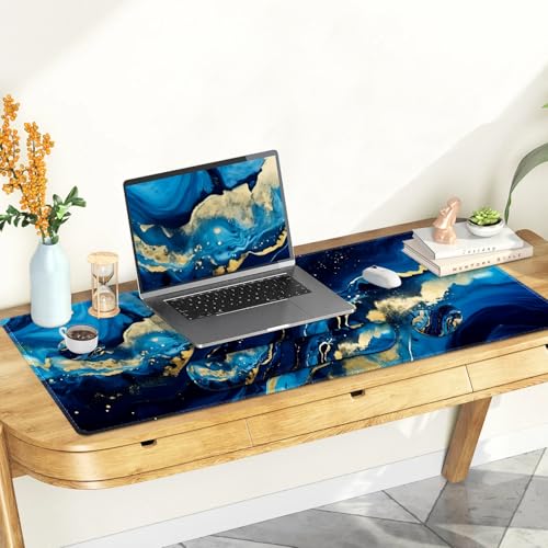 Desk Mat Pad, Gaming Mouse Pad Wrist Support Set, 4 in1 Non-Slip XXL Large Mousepad + Ergonomic Keyboard Wrist Rest+Mouse Wrist Rest+Coaster for Home Office Computer I Blue Gold Marble - color: Blue Gold Marble