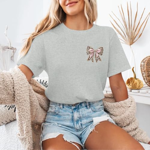 Leopard Bow Shirt Cheetah Bow Shirt Christian Shirts for Women Faith Bible Verse Shirts God Coquette Graphic Tees - color: Light Gray, size: XX-Large