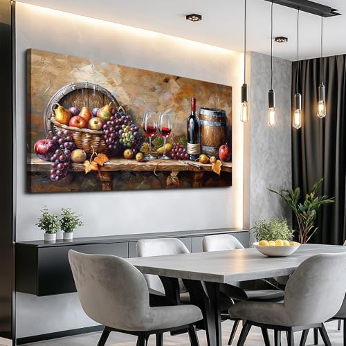 XIGUANGART Wall Art for Kitchen Grape Barrel Painting Red Wine Glass Artwork Prints for Dinning Room Bar Large Canvas Wall Decor for Living Room Office Fruit Still Life Picture Modern Home Decoration - color: Wine Glass Wall Art, size: 48"L x 24"W