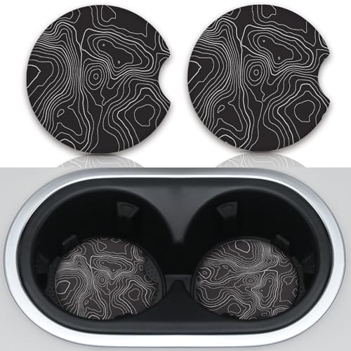 Black Contour Map Cute Cup Holder Coasters,Car Coasters for Cup Holders,Cute Car Accessories for Women Interior, 2 Pack Absorbent Universal Neoprene Car Coasters with Finger Slot - color: Black Contour Map