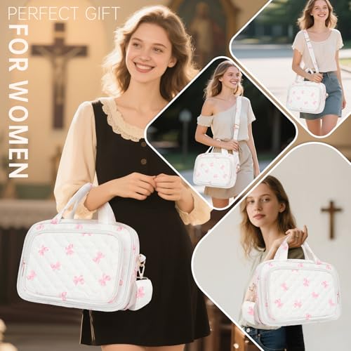 Bible Cover Case for Women Bible Study Supplies Church Camp Essentials Christian Gifts for Women Journaling Kit Quilted Large Bible Book Sleeve (Pink Bow, Large) - color: Pink Bow