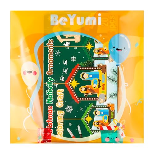 BeYumi Christmas Wooden House Craft - 20Pcs DIY Wooden House Ornaments Craft Kit for Kids Make Your Own Nativity Decor Christian Religious Xmas Crafts with Gem Sticker Church Party Decoration Supplies - style: Nativity House