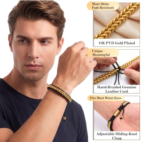 Mens Bracelet Leather 18K Gold Plated Braided Cuff Adjustable - color: Gold and Black, size: 6.5-8 in for Wrist
