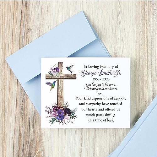 Personalized Funeral Thank You Cards with Cross and Hummingbirds Flat Card