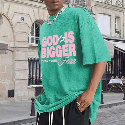 Oversized Christian Shirts for Men Vintage Faith Acid Wash Tshirts God is Bigger Graphic Tees Religious Bible Shirt - color: Green, size: Large